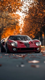 Red classic sports car glides under autumn tree canopy