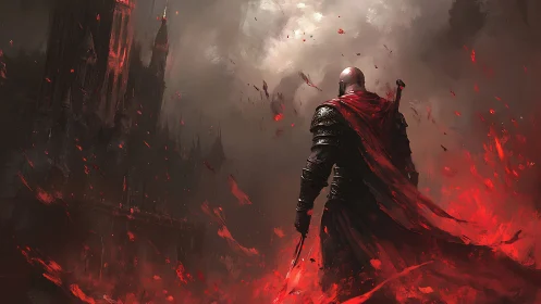 Armored figure before dark fortress in red storm field.