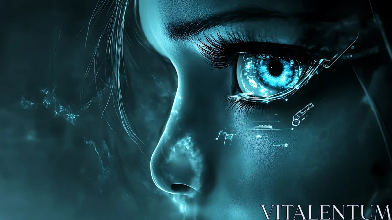 Glowing cybernetic iris studies the future through cold light