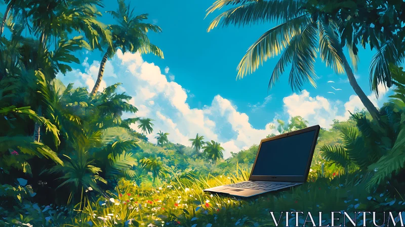 Laptop in Tropical Paradise Amid Lush Vegetation.