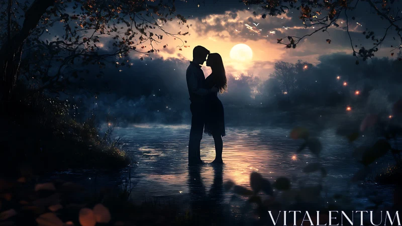 Silhouetted couple kissing in moonlit stream at dusk.