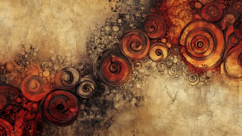 Spiral vortex band on cracked ochre canvas with rust tones