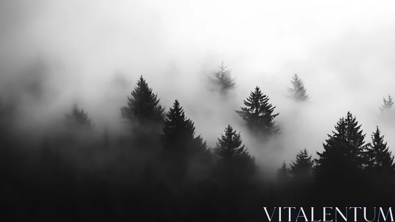 Pine sentinels drifting in ghost-thick mountain fog.