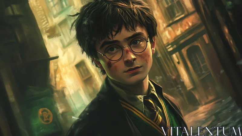 Streetlit young wizard pauses between alleys and destinies