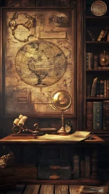 Photorealistic vintage cartography desk with globes and maps.