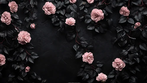 Pink roses with dark foliage arranged on black background.