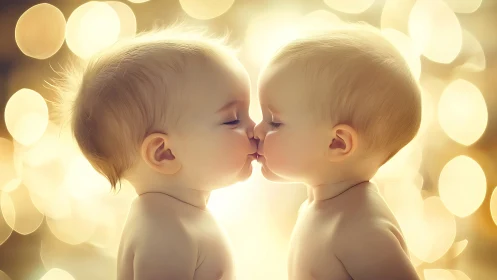 Two toddlers face each other in profile against golden bokeh background