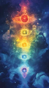 Cosmic chakra spheres aligned within radiant nebulae field.
