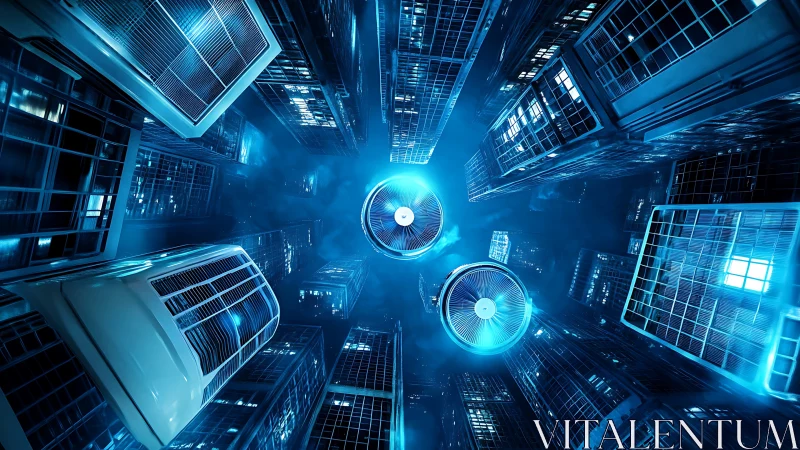 Futuristic high rise corridor with central glowing turbines.