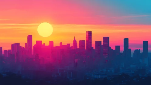 Neon drenched city skyline glows beneath a blazing sunset