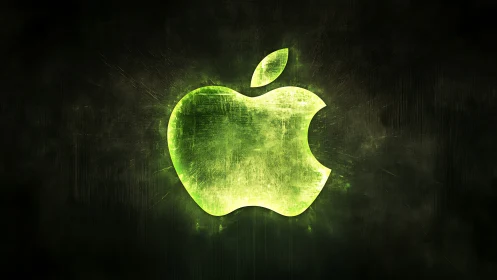 Green glowing apple-shaped emblem appears on dark backdrop