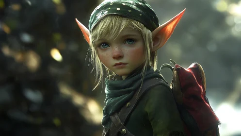 Forest elf child in soft bokeh light with travel gear.
