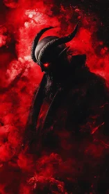 Horned demonic silhouette emerges from red particulate nebula