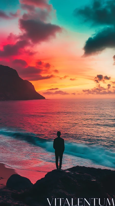 Solitary dreamer soaking in a softly glowing neon sunset.