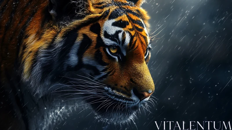 Side profile of tiger in rain with detailed fur texture.