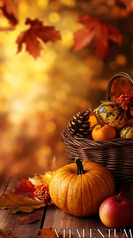 Cozy autumn harvest still life with pumpkins and leaves.