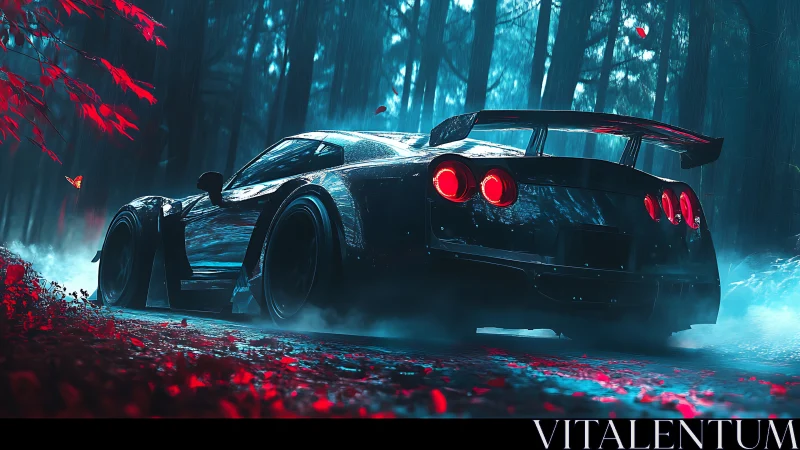 Black sports car powers through neon forest mist at night