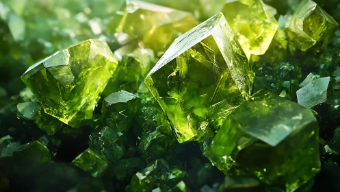 Luminous green crystal macro reveals faceted mineral geometry