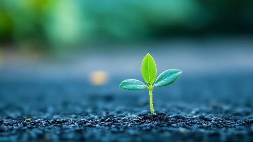 Seedling macro on textured soil with cool bokeh field.