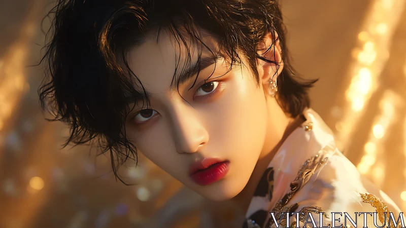 Golden hour gaze on velvet skin and jewel bright lips.