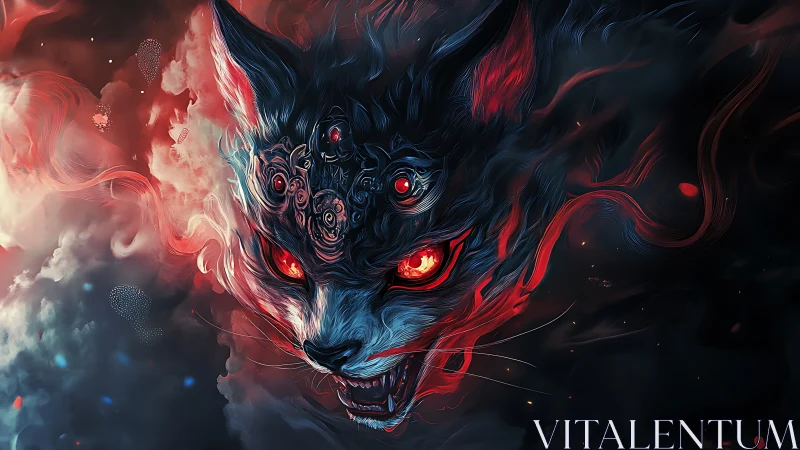 Demonic glowing cat head in swirling red blue smoke.