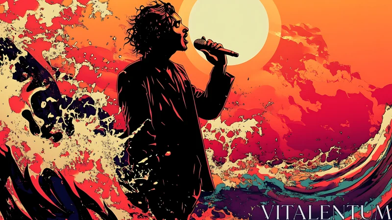 Silhouette vocalist against abstract ocean sunset scene.