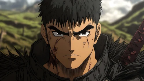 Battle-worn anime swordsman in dark armor, frontal view.