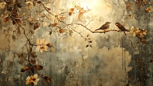 Softly lit songbirds resting on a flowering vintage branch.