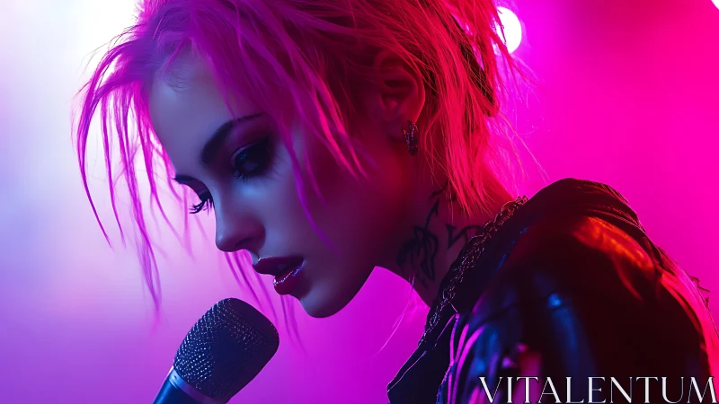 Neon lit punk singer holds microphone under vivid stage glow