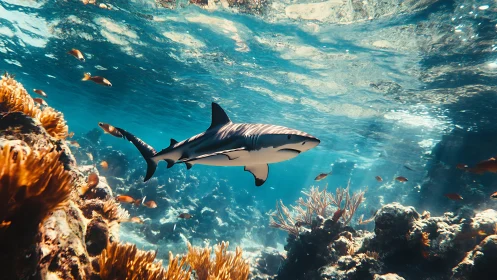 Midwater shark gliding above coral reef in high-clarity daylight scene