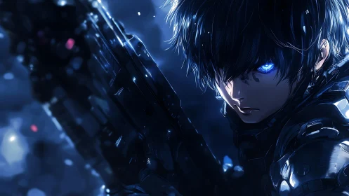 Armored figure holds rifle in blue illuminated close-up