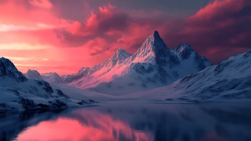 Crimson twilight bathes icy mountains in mirrored stillness