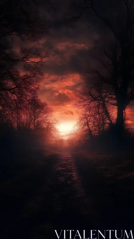 Forest path sinks into burning crimson twilight horizon.