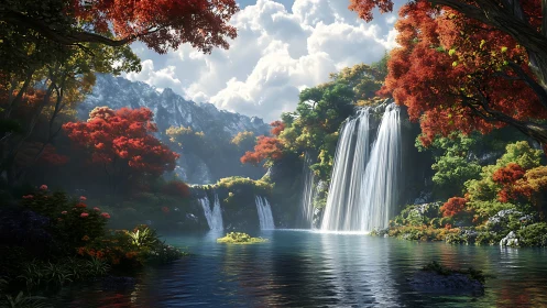 Cinematic autumn waterfall cascades into reflective forest lake