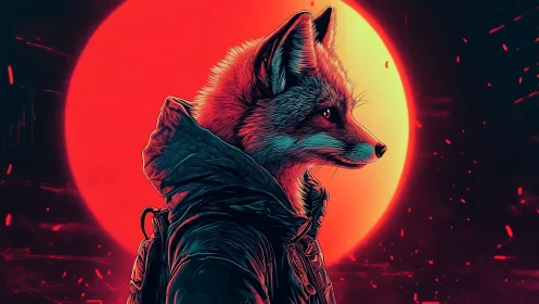 Cyberpunk fox sentinel before neon red eclipse sun.