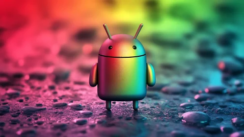 Colorful 3D android mascot on wet surface in rainbow light.