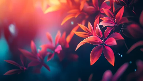 Digital painting of luminous scarlet foliage in bokeh glow.