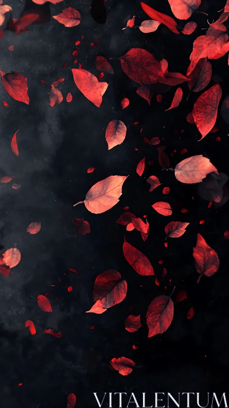Red autumn leaves swirling over dark textured background.