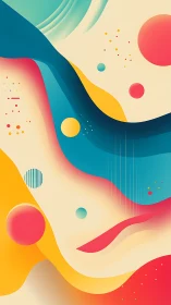 Abstract flowing shapes with colorful geometric spheres.