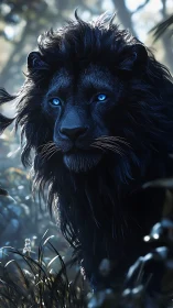 Midnight black lion with blue eyes in misty forest.