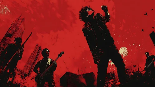 Urban rock band silhouette against red dystopian city skyline