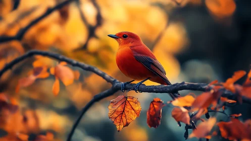 Vibrant Scarlet Tanager on Autumn Branch, Soft Focus Nature Art.