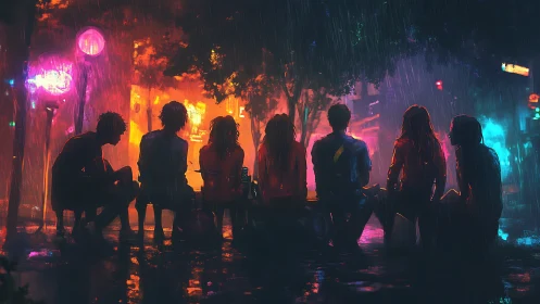 Neon backlit silhouettes on bench in nocturnal urban rainfall