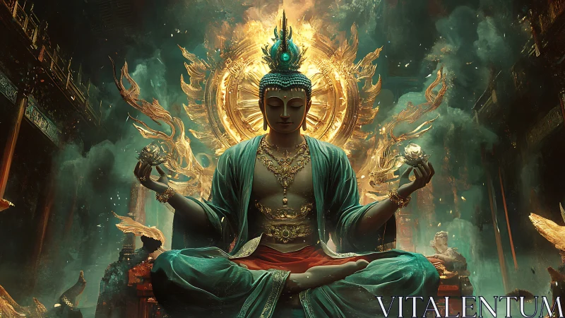 Seated deity figure before radiant circular structure.