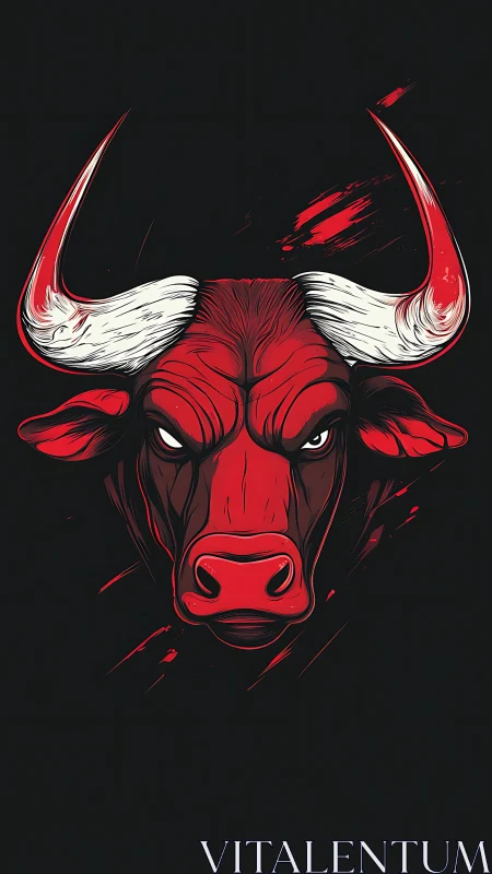 Bold red bull portrait glowing against inky black night.