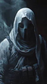 Masked ghost operative stands in smoke-filled darkness
