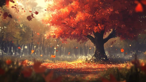 Fire-crowned autumn sentinel scattering a forest of light.