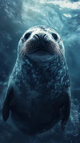 Curious spotted seal drifting softly through blue ocean.