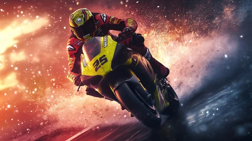 Motorcycle racer leans into corner on wet track at speed