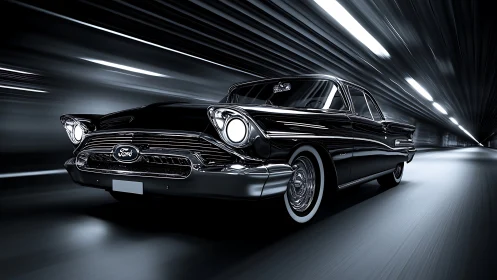 Retro-futuristic Ford sedan in high-velocity tunnel motion blur.